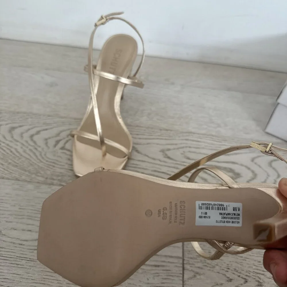 Schutz Gold Square Toe Strappy High Heel Shoe Inez - Picture 5 of 8